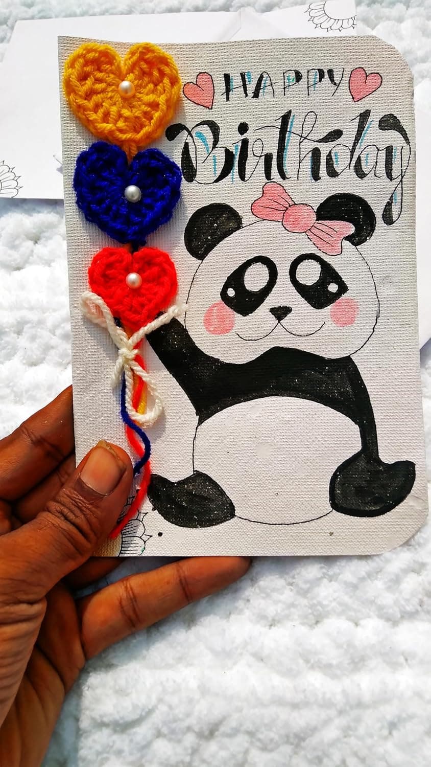 SKAISTA® Happy Birthday Greeting Card Handwritten Wishes Hand Painted Panda Crocheted Heart Handmade Paper (Bouquet, Card)