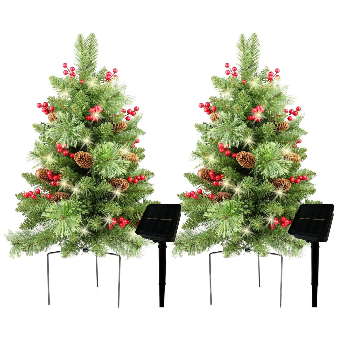 HomeKaren Solar Christmas Tree 30 inch Prelit 2 Set Pathway Porch Christmas Trees PreLight LED Battery Operated Outdoor Xmas Decor for Entrance Driveway Yard Garden