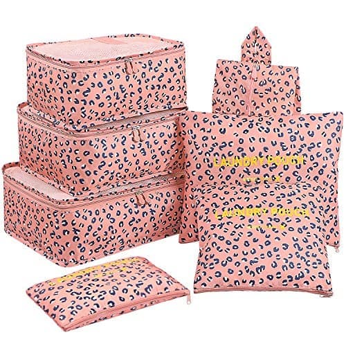 Mossio Nylon Luggage Cubes, 7 Pack Lightweight Toiletry Organizer Space Saver Travel Accessories Pink Leopard , 30 cm , 11.94 cm