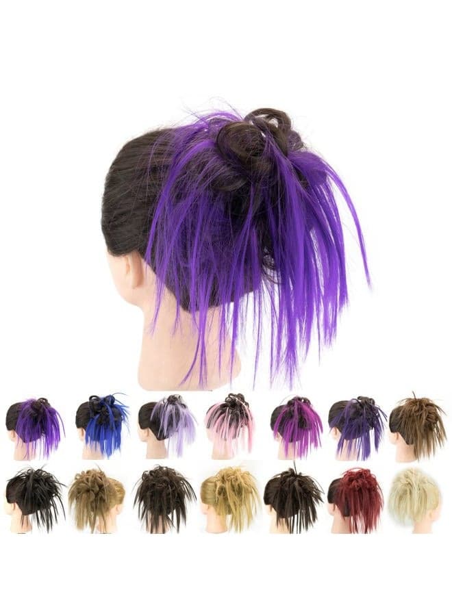 2PCS Messy Hair Bun Piece Updo Fake Scrunchies Extension Wavy Curly Hairpieces Ponytail Chignon Headband for Women Girls (2PCS Brown Violet)