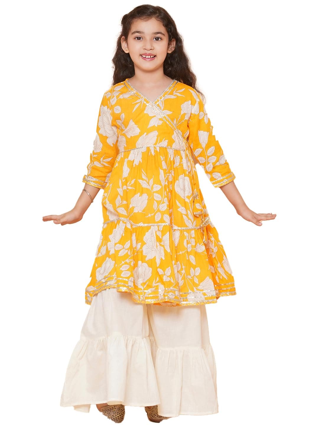 Bitiya By Bhama Girls Yellow Floral Printed Angrakha Gotta Patti Pure Cotton Kurta with Sharara(TKS133)