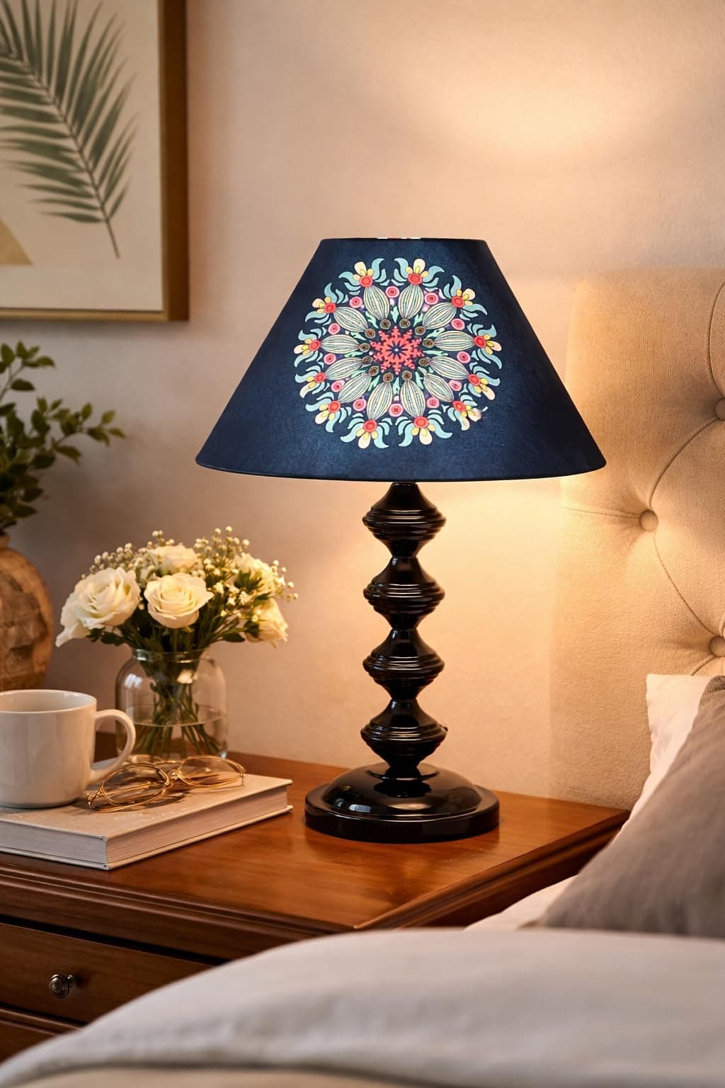 tu casa Halo Glow Table Lamp | Black Metal Bedside Lamp | French Floral Print Satin Shade | Home Decor Lighting for Bedroom Living Room Lounge Office Study | 1.5m Cable (No Bulb) | Festival Gifting