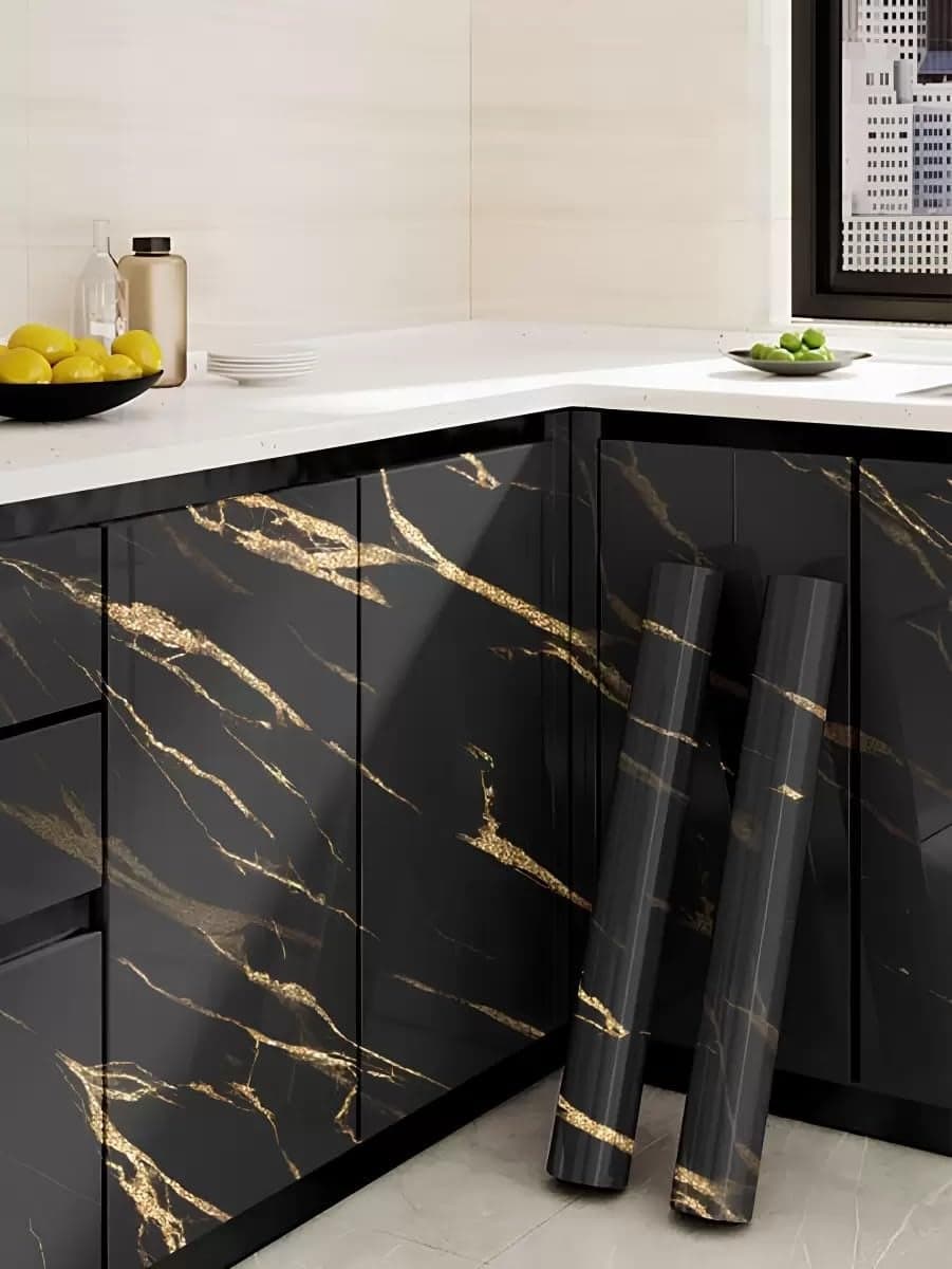 Barebeauty 60CM X 200CM Kitchen Wallpaper Oil Proof,Waterproof self-Adhesive Wall Stickers for Kitchen Anti-Mold and Heat Resistant Aluminium Backsplash Wallpaper (Black) (Black Gold)