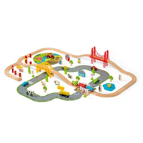 Bigjigs Rail 80 Piece Rural Road and Rail Wooden Train Set - Kids Train Set with 80 Bigjigs Train Accessories incl. Bridges & a Level Crossing for Pretend Play