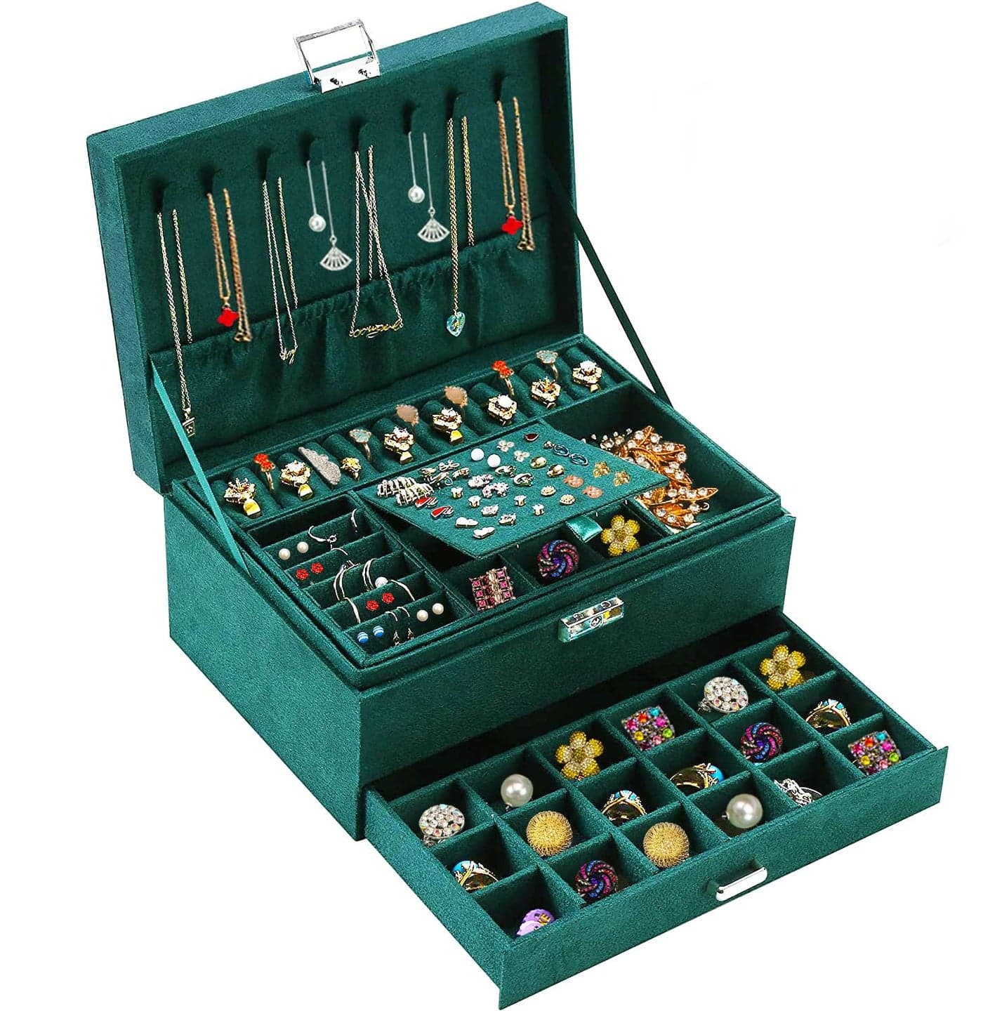 Jewelry Boxes for Women Green Velvet Jewelry Organizer with LockTeen Jewelry Organizers and Storage Earring and Necklace Holder Organizer Box Womens Jewelry Box for Necklaces Earrings Rings Bracelets