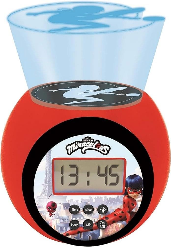 LEXiBOOK Miraculous Projector Alarm Clock with Snooze Function and Alarm Function Night Light with Timer LCD Screen Battery Operated RedBlack RL977MI