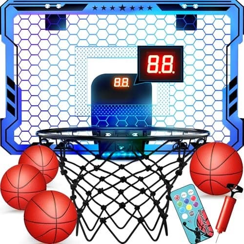 ropoda Indoor Basketball Hoop Mini Hoop with 7 LED Lights 3 Modes Scoreboard Mini Hoop with 4 Balls Over The Door Basketball Hoop Indoor Toys Gifts for Kids Adults