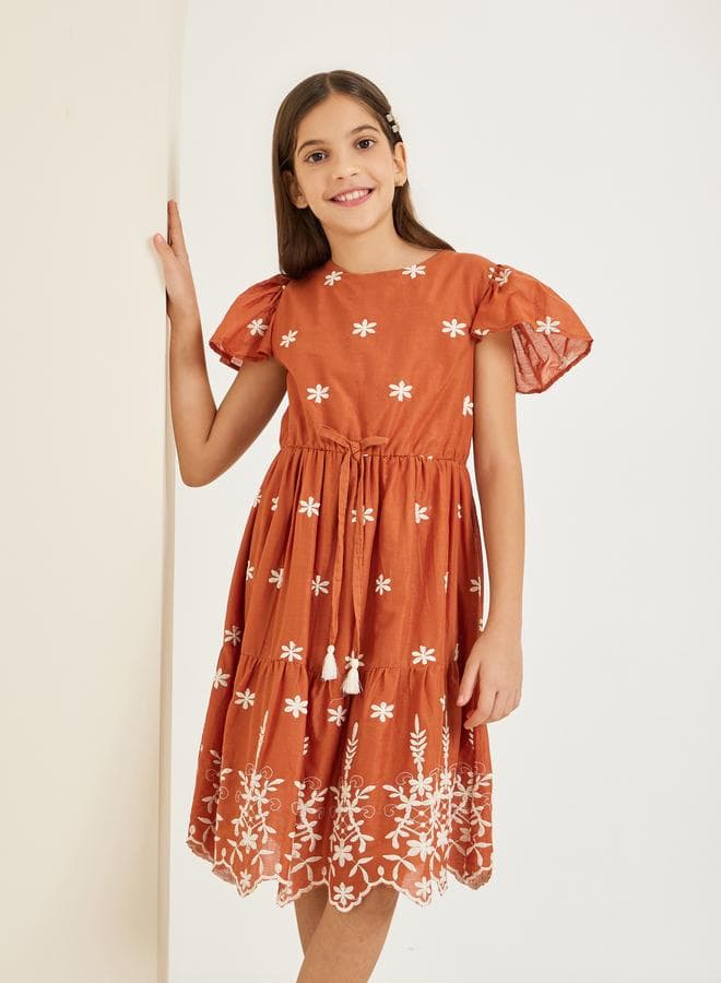 Girls Brown Embroidered A-Line Midi Dress