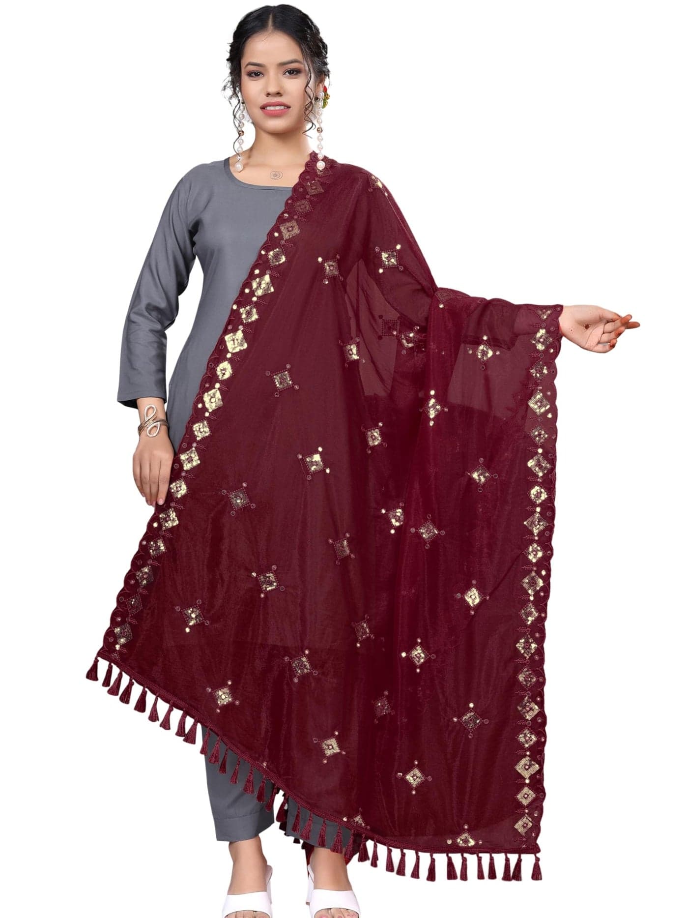 KEMZA Organza Embroidered Mirror Work Dupatta with Lace & Tassels Border for Women & Girls (Maroon, Free size)