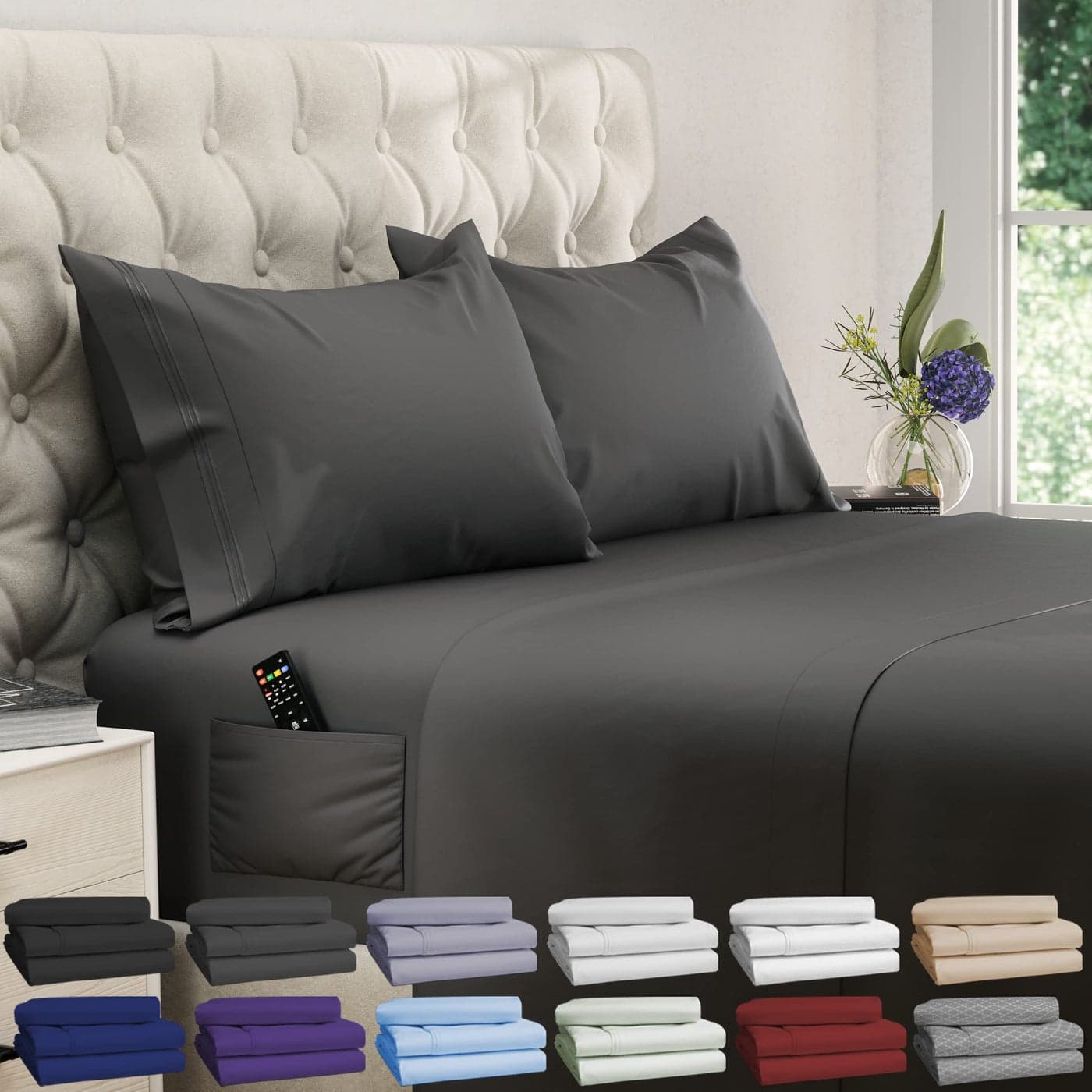 DREAMCARE Queen Size Sheets Cooling Bed Sheets 4pcs Set up to 15 Deep Pocket Queen Sheet Set Sheets Queen Size Bed Soft Long Lasting 100 Fine Brushed Polyester with Side Pocket Grey