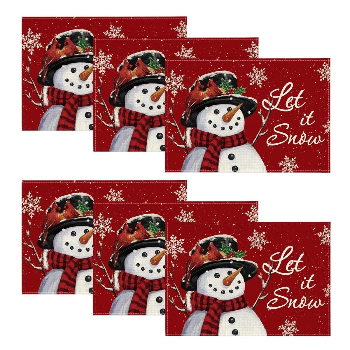 Artoid Mode Red Snowman Let It Snow Winter Placemats Set of 6 12x18 Inch Seasonal Christmas Holiday Table Mats for Party Kitchen Dining Decoration