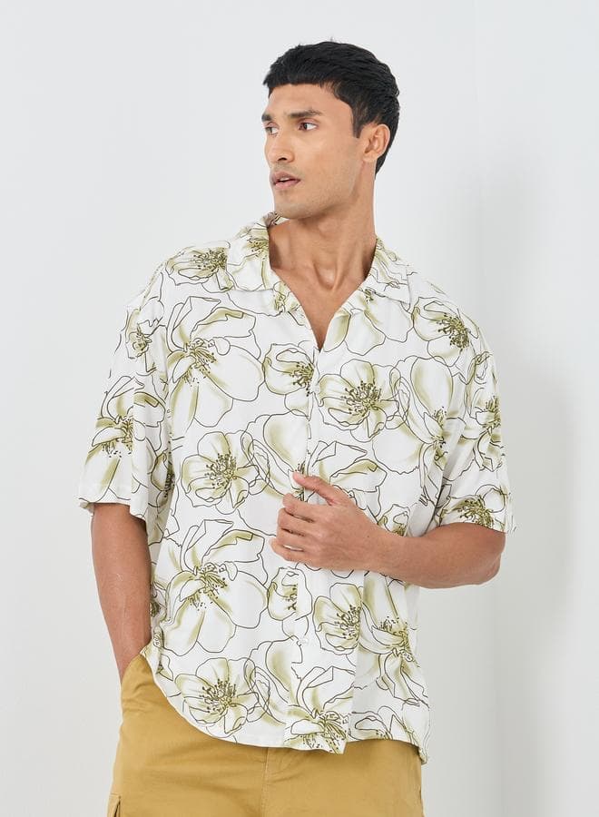 Styli All Over Print Resort Collar Oversized Shirt with Half Sleeve