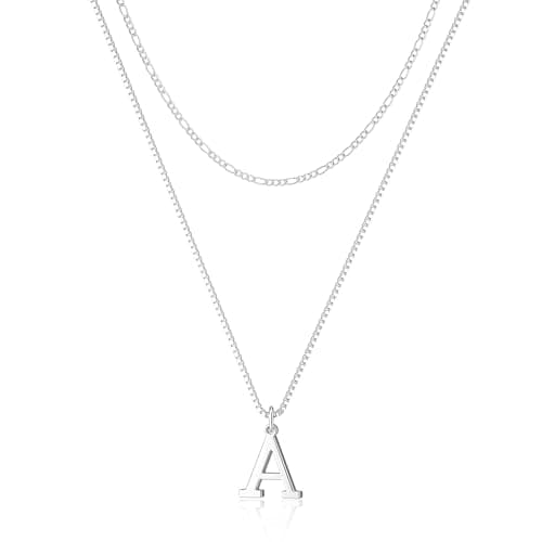 MBW Silver Initial Necklaces for Women, 14K Layered Initial Pendant Necklace Dainty Silver Figaro Choker Name Monogram Necklaces Costume Simple Tiny Jewelry Set for Women Trendy (Letter A)
