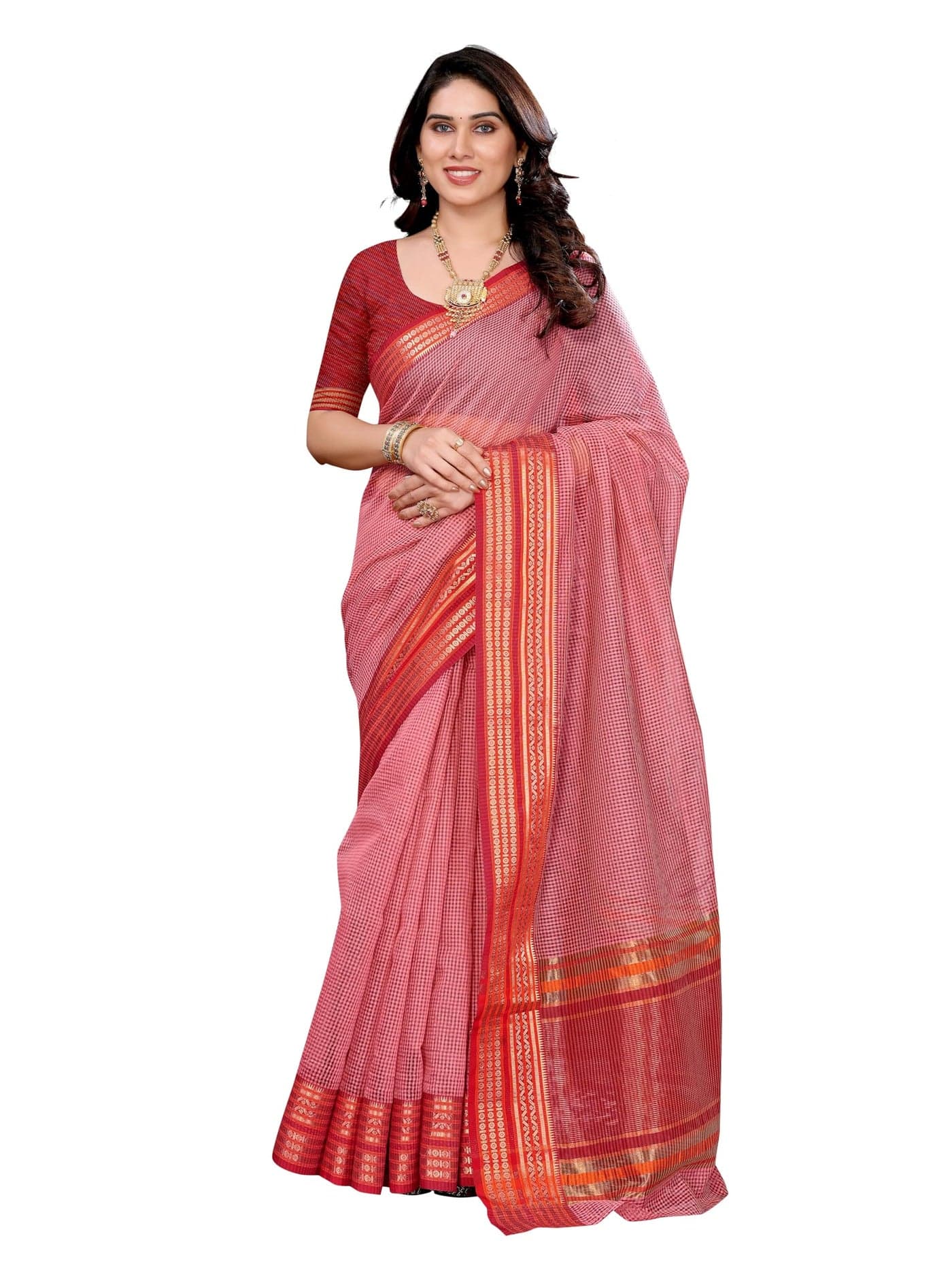 Sidhidata Women's Kota Doria Cotton Manipuri Checks Saree With Unstitched Blouse Piece (Lungi Pinkk_Pink_Free Size)