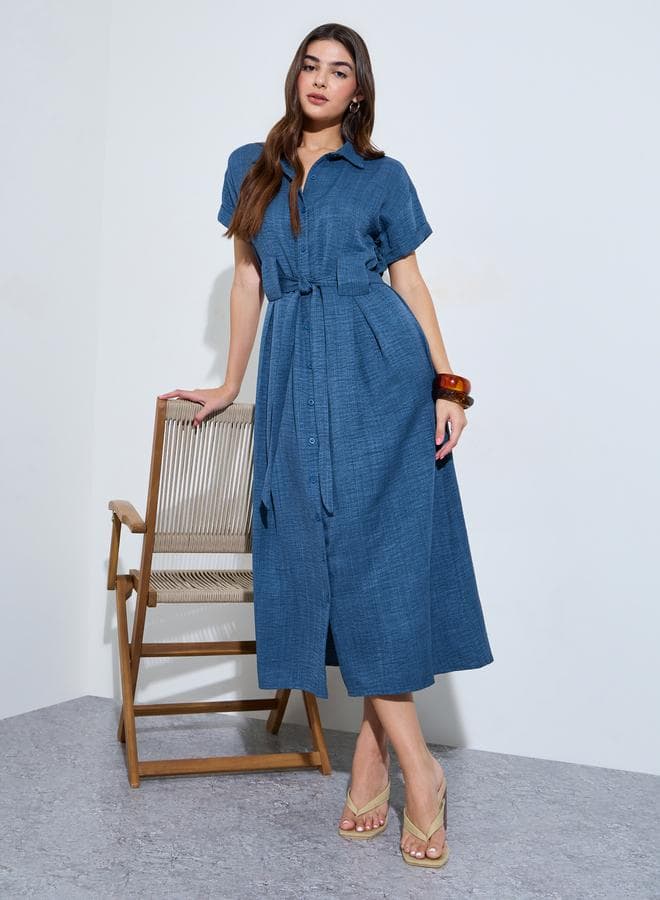 Blue Shirt Midi Dress with Tie-Belt