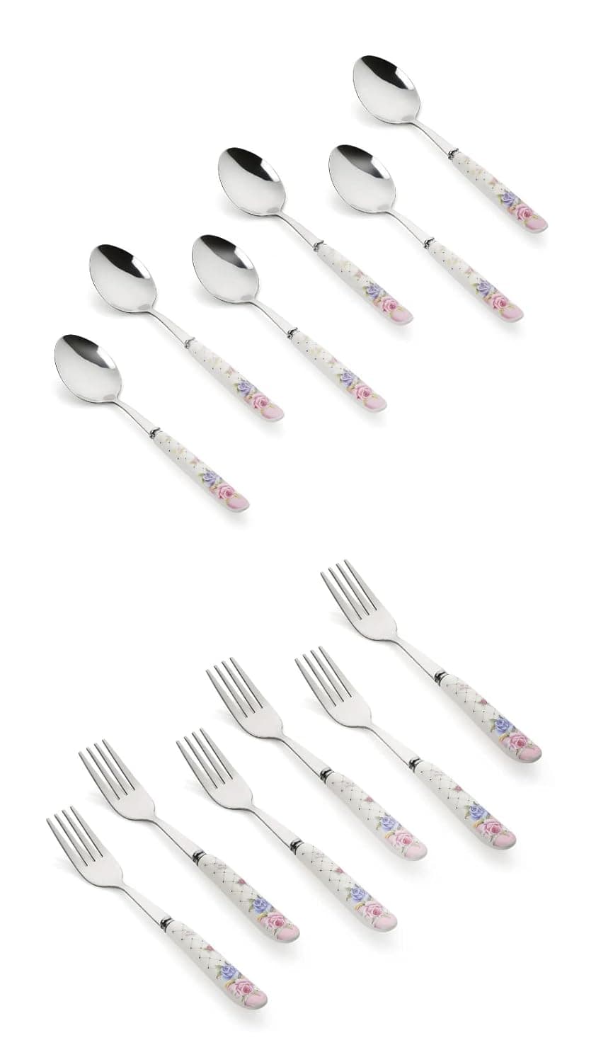 MGeezz Floral Stainless Steel Spoon Fork Set Kitchen Cutlery Dinner Table Spoon Round Edge with Ceramic Handle Serving Spoons and Kata ChamachFloral 6 Small Spoon 6 Small Fork