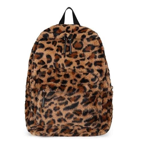 Winatehr fluffy cheetah print backpack cute y2k animal fur 14 inch scene book bag for women fashion simple personal item aesthetic girls bag