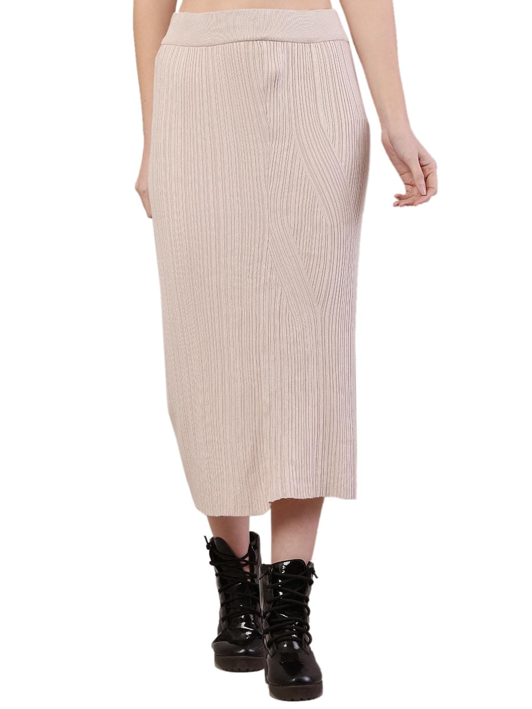 NOBARR Women's Acrylic Elastic Knitted Ribbed A-line Beige Skirt