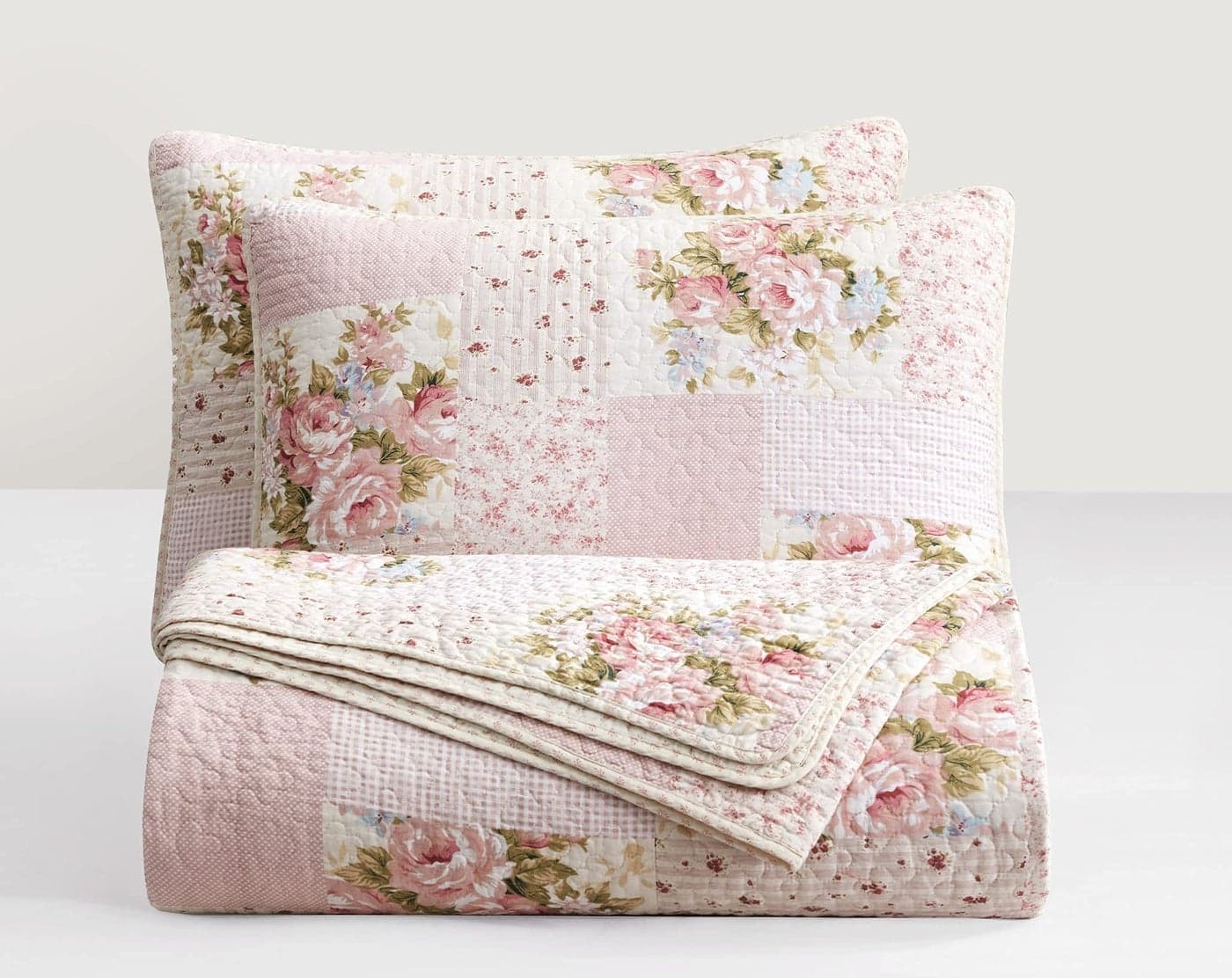 Chezmoi Collection Rosy 3Piece King Size Printed Patchwork Cotton Quilt Set Pink Flower Floral Striped Polka Dots Stone Washed Lightweight Bedspread King Size