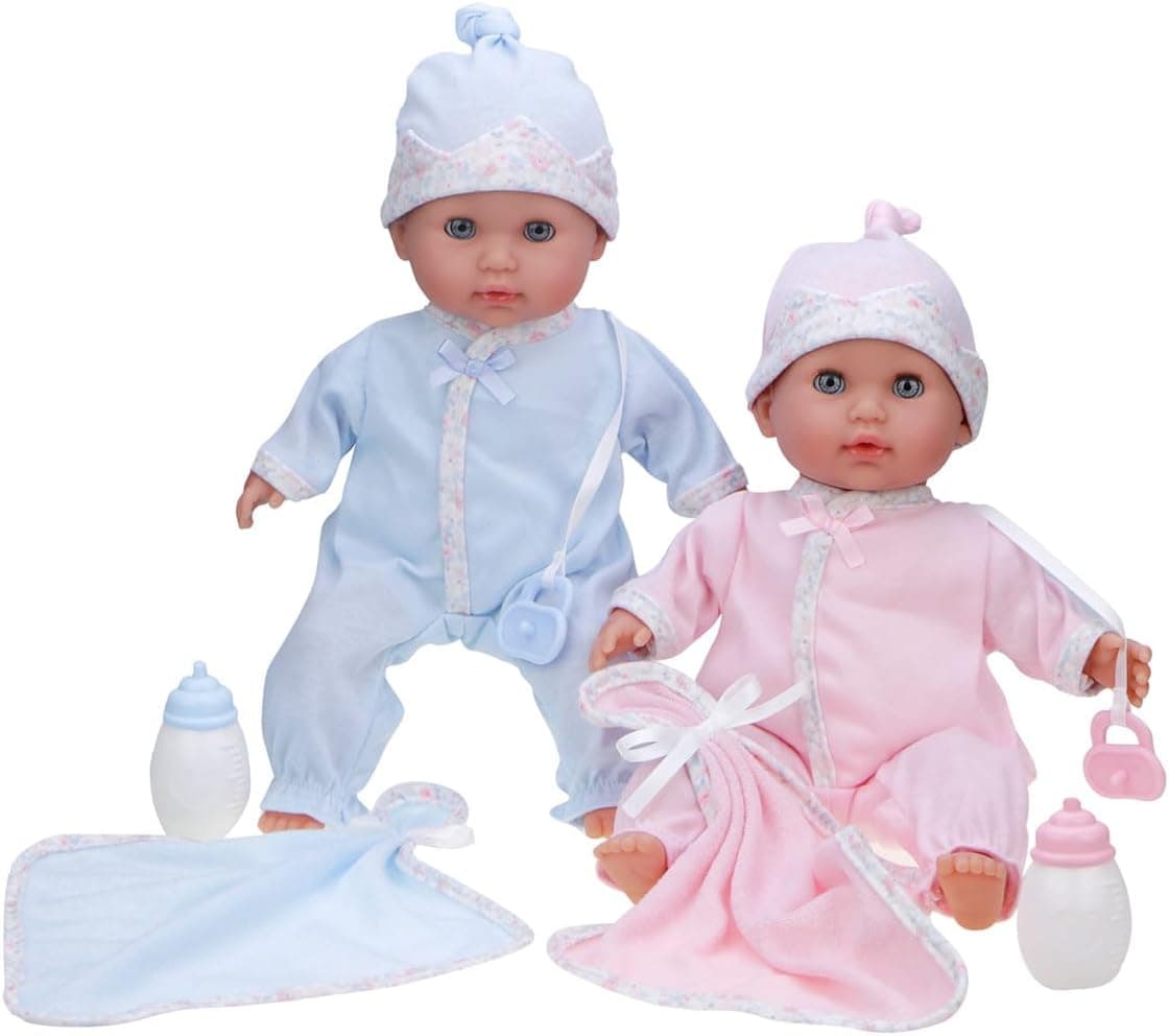 JC Toys 12.5” Nonis Twin Baby Dolls Set – Boy & Girl Soft-Body Dolls with Accessories