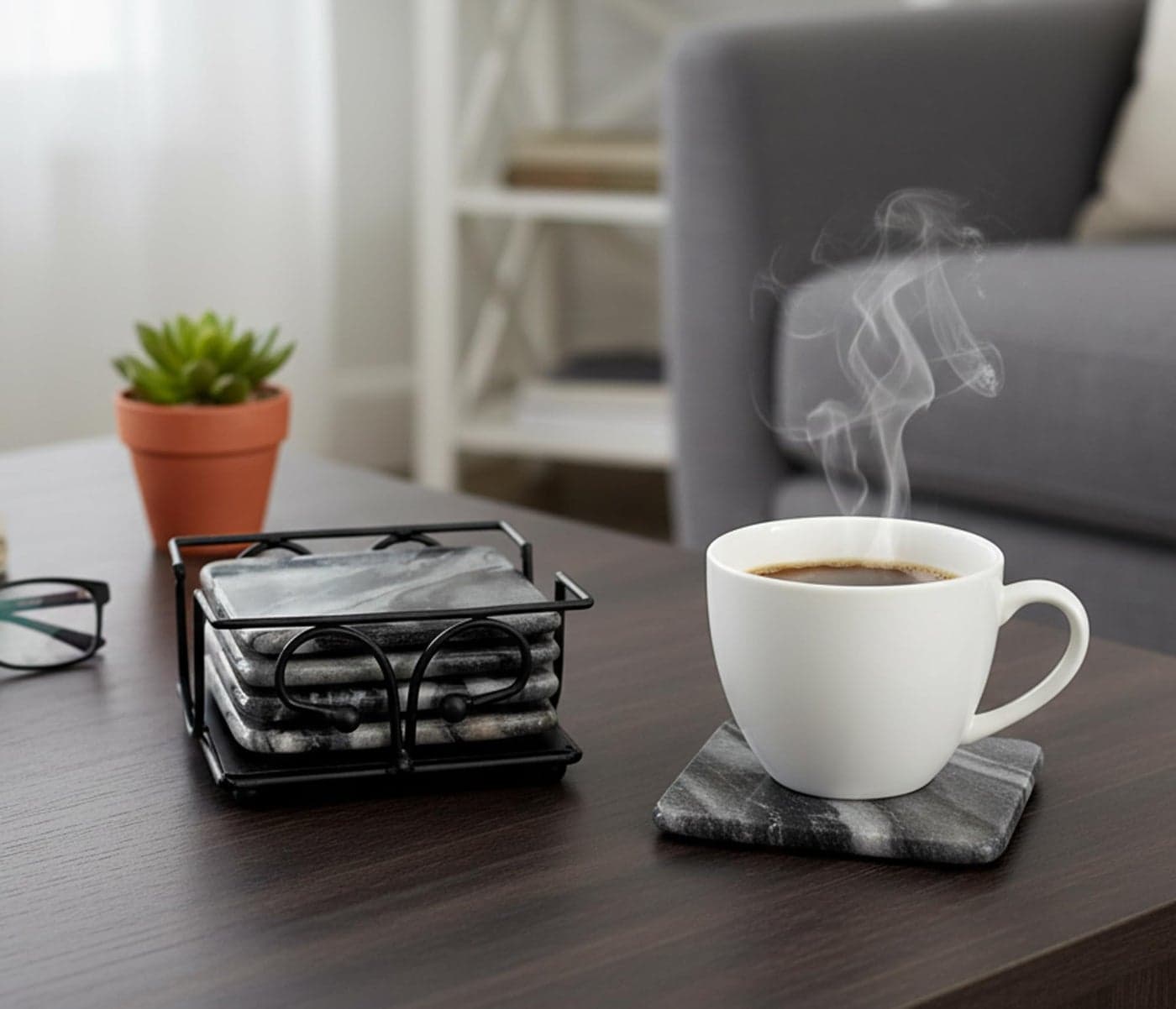 KLEO Stone Coasters Coaster Set Coasters with Wrought Iron Holder (Square) (Grey Colour)