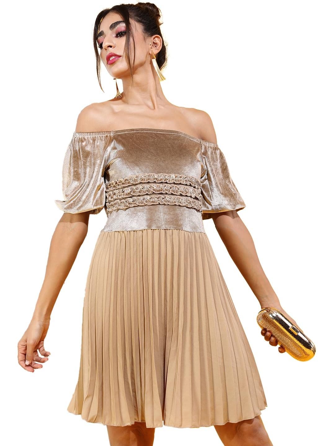 Tokyo Talkies Women Gold Off-Shoulder Dress