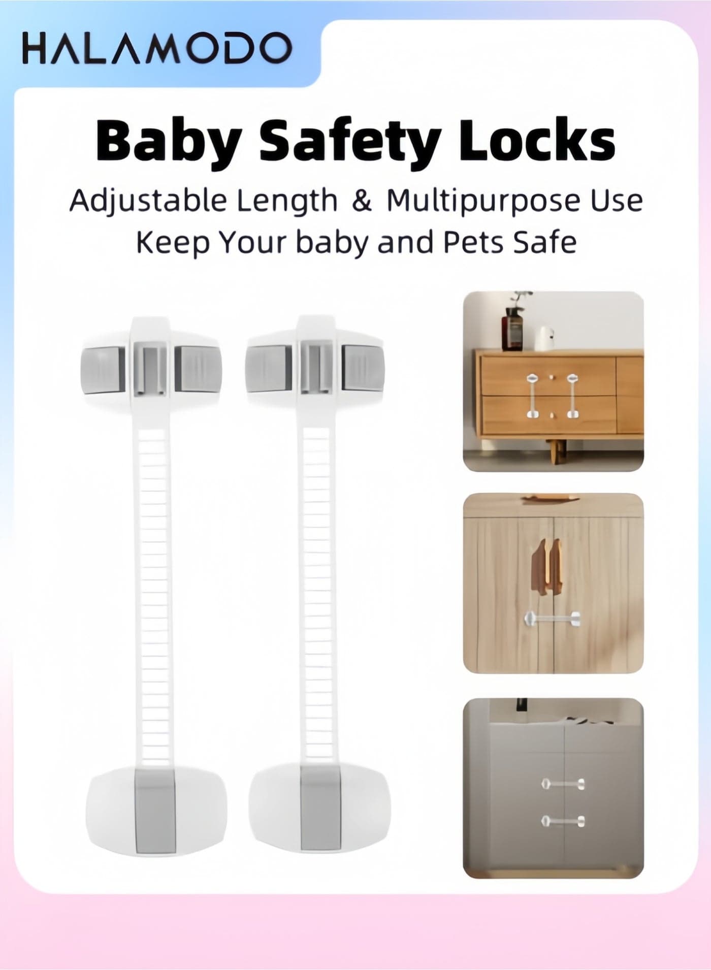 2-Piece Child Safety Locks for Refrigerator Freezer Cabinets Drawers and Appliances Adjustable Strap Latches with 3M Adhesive Baby and Pet Proofing for Easy Installation