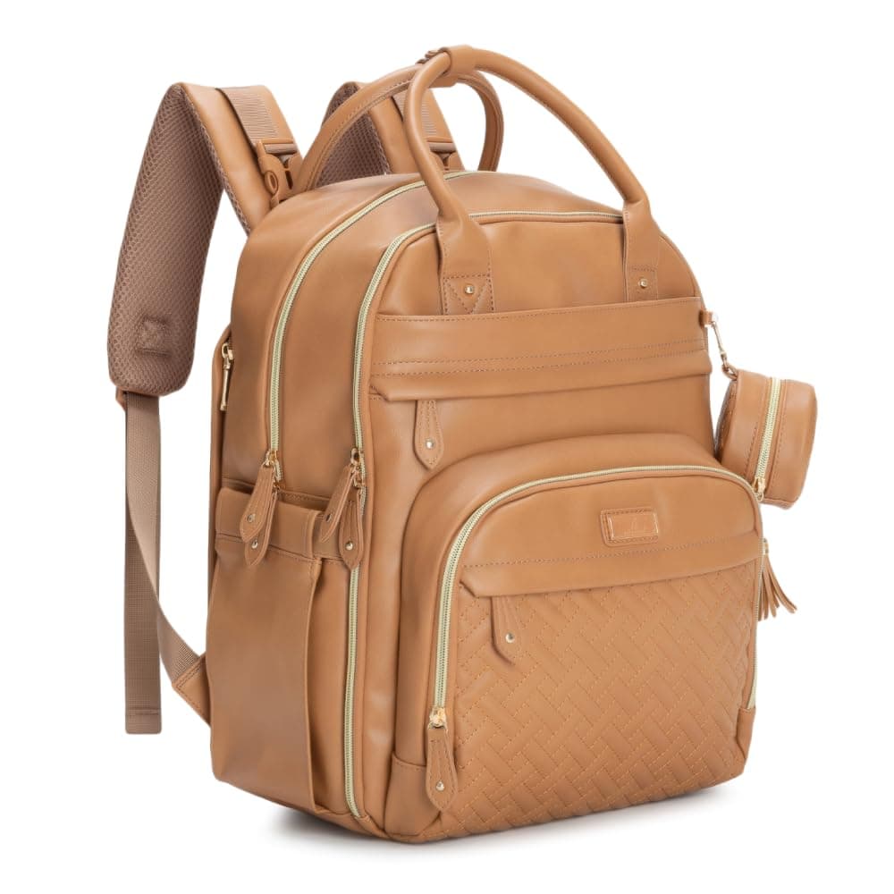 BabbleRoo Leather Diaper Bag Backpack Baby Essentials Travel Baby Bag Multi function Waterproof with Changing Pad Stroller Straps Pacifier Case Unisex Light Brown