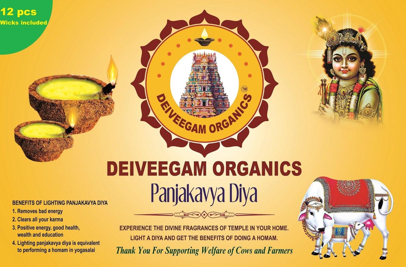 Deⅰveegam Organics Panchagavya Cow Dung Diya Vilakku Deepam (12 Pcs) - Made of Panchagavya - for Festivals, Diwali and Daily Puja