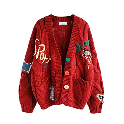 Women's Cable Knit Long Sleeve Open Front Cardigan Sheep V-Neck Button Down Embroidery Wool Blend Sweater Coat Outwear (S,Red)