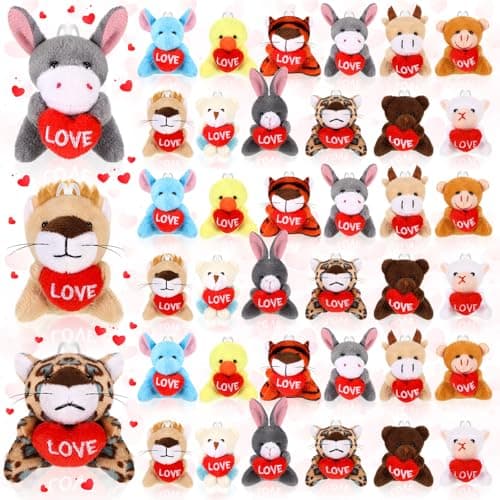 Blueweenly 36 Pcs Valentines Day Gifts Exchange for Classroom Valentine Mini Animal Plush Toys Stuffed Keychains with Heart Valentines Mini Keychain for Kids Party Favors Reward Bag Filler