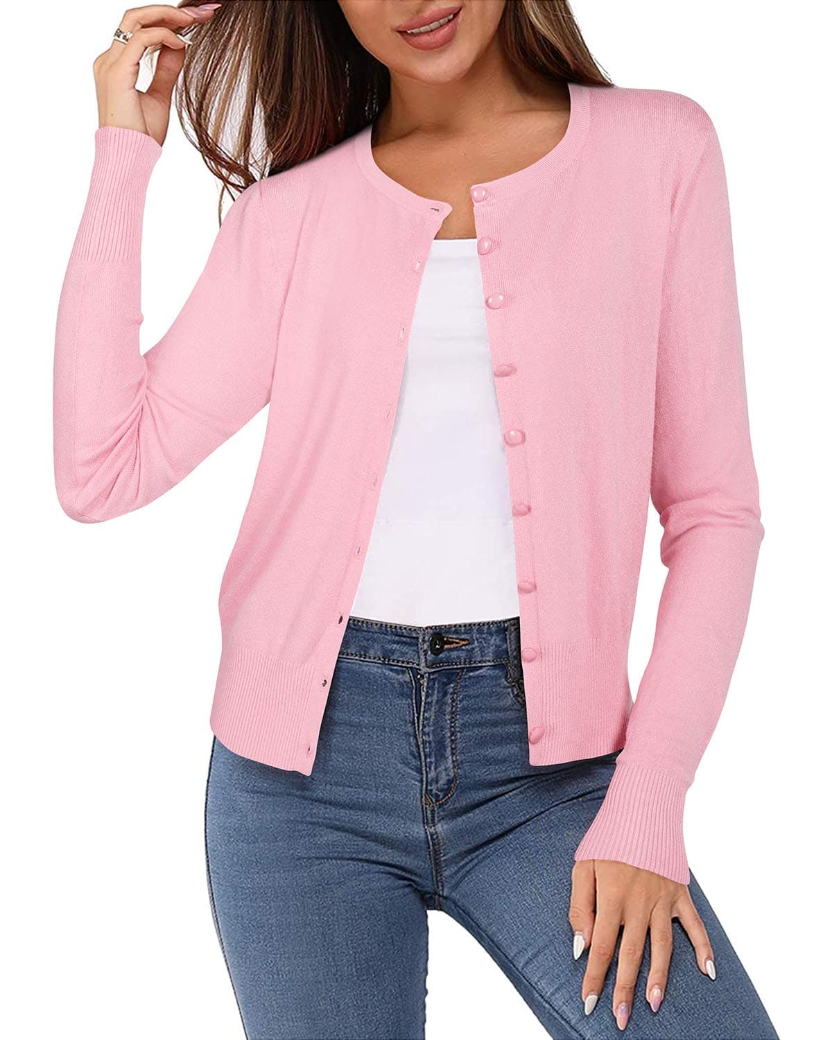 Newshows Women's 2025 Lightweight Cardigan Button Down Long Sleeve Light Crew Neck Soft Trendy Valentine Cardigan Sweater Tops(Pink,Large)