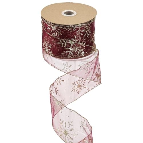 MEEDEE Red Gold Wired Ribbon 25 Inch Dark Red Sheer Ribbons with Gold Glitter Snowflakes Organza Sheer Glitter Ribbon 25 Yards Burgundy Sheer Christmas Ribbons for Christmas Tree Wreath Bow