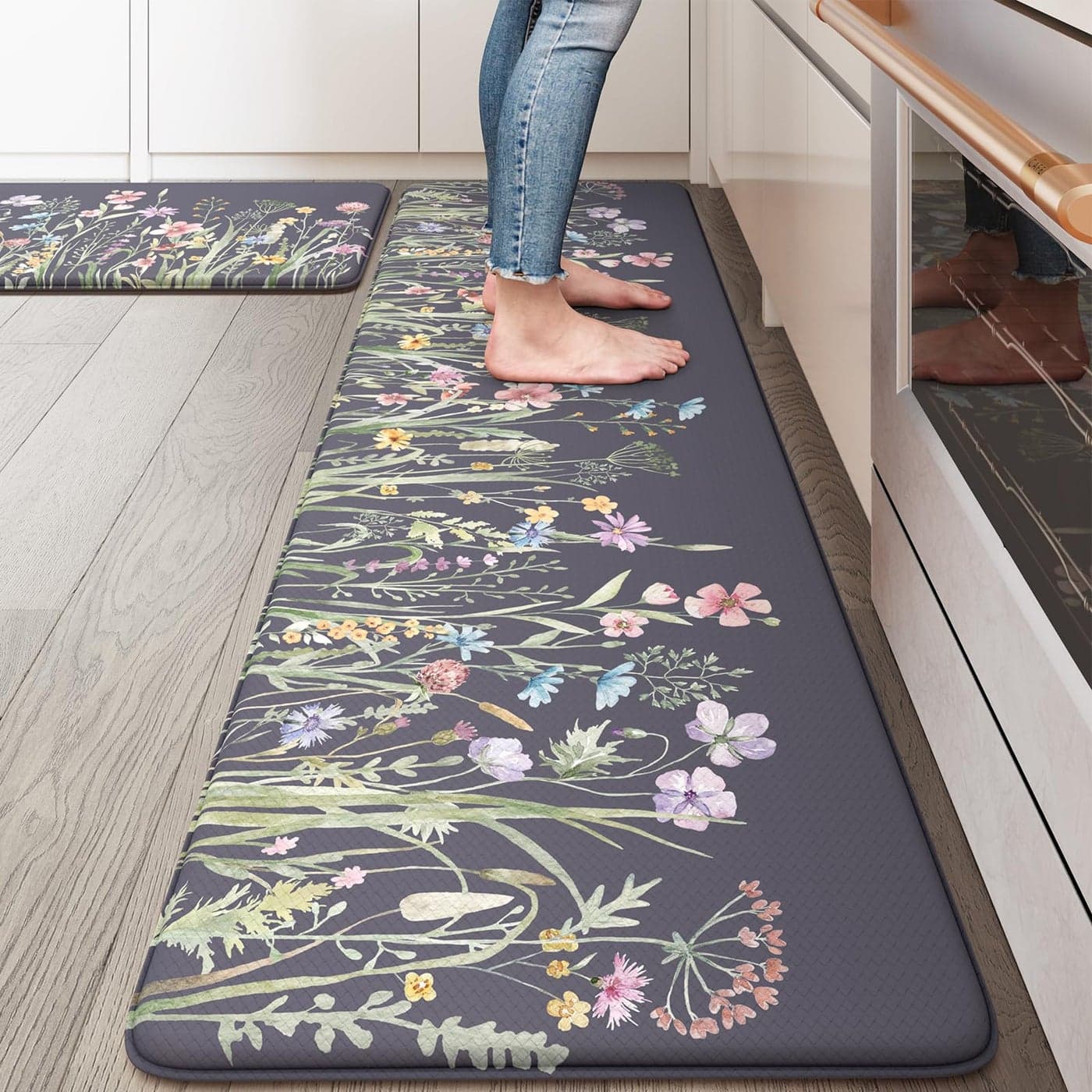 KIMODE Anti Fatigue Kitchen Mat for Floor 17x5917x29 Floral Kitchen Rugs Sets of 2 Kitchen Floor Mats NonSlip Cushioned Standing Desk mat for Sink Laundry Office Dark GreyPurple