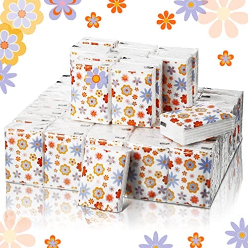 Sinmoe 50 Pack Floral Pocket Tissues Travel Packs Bulk 3 Ply Small Floral Travel Facial Individual Paper Tissues Pocket Size for Wedding Holiday Party Supplies, 7 Sheets Each