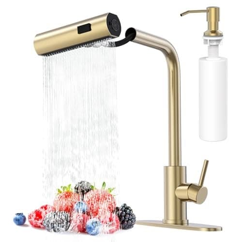 AVSIILE Brushed Gold Waterfall Kitchen Faucets with Pull Down Sprayer & Soap Dispenser, Single Hole & Handle, Pull Out Tap, Stainless Steel Sink Faucet, Suitable for Farmhouse Camper Laundry Rv Bar