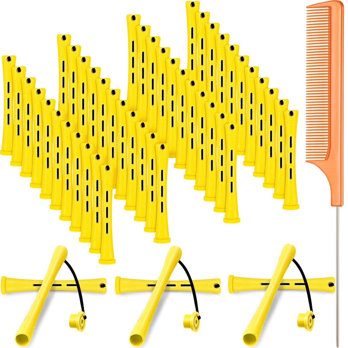 48 Pieces Hair Perm Rods Short Cold Wave Rods Plastic Perming Irons Hair Curling Rollers Curlers with Steel Pintail Comb Rat Tail Comb for Hairdressing Styling Supplies028 InchYellow and Orange
