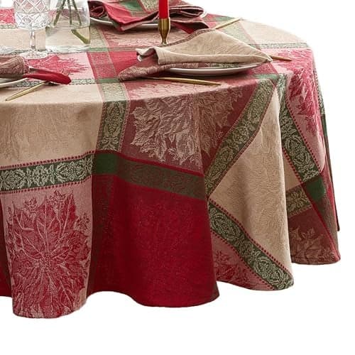 Elrene Home Fashions Prestige Poinsettia Jacquard Woven Cotton ChristmasHoliday Oval Tablecloth 60x84