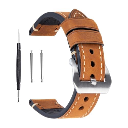 Brown 20mm Genuine Leather Wristwatch Watch Band Oil Tan Vintage Watchband for Men with Stainless Buckle