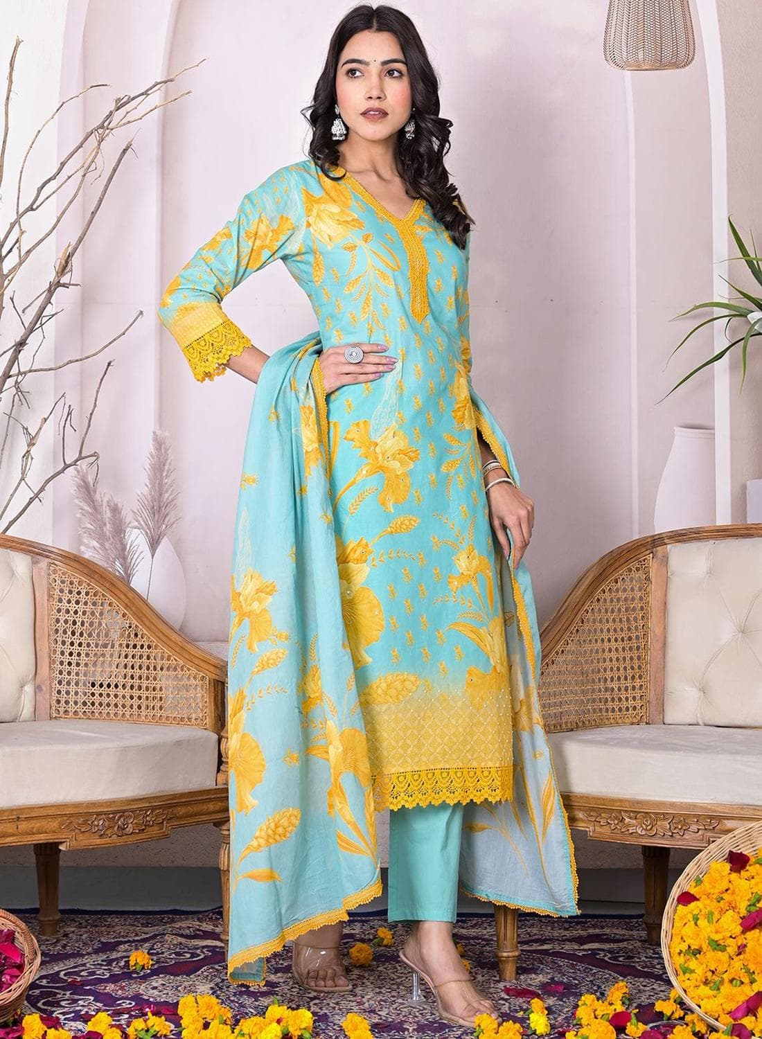Regular Fit Three-Quarter Sleeve Printed Multicolour Cotton Woven Kurta Set For Women Flat Collar Perfect For Wedding And Engagement Pull On Closure