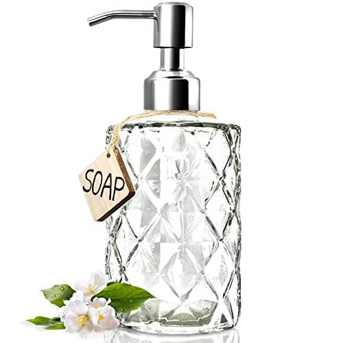 JASAI Diamond Design 12 Oz Glass Soap Dispenser With 304 Rust Proof Stainless Steel Pump for Kitchen and Bathroom - Hand Soap, Lotion (Clear)