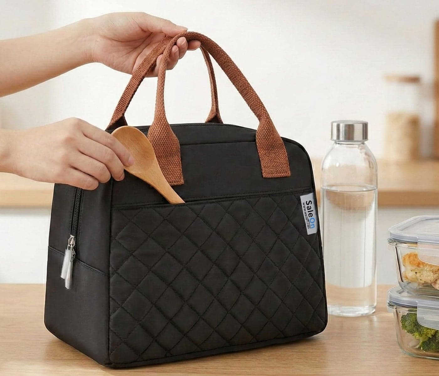 SaleOn 7.5 LTR Thermal Insulated Lunch Bag for Women & Girls | Stylish Tiffin Bag | Big Size Food Carrier Tote for Office, College, School | Black Travel Lunch Box Pouch with Handle (Black)