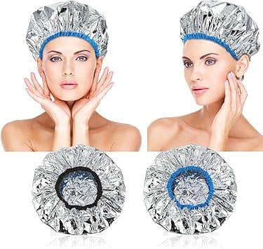 2 Pcs Heat Cap for Deep Conditioning Hair Cap for Oil Treatment Double Layer Aluminum Reusable Steam Caps Processing Shower Caps for Long Thick Hair Dyeing Home Salon Black Blue