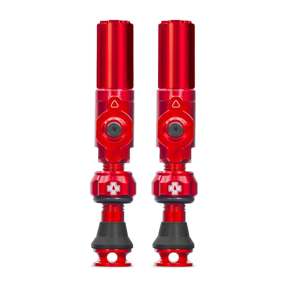 MucOff Big Bore Hybrid Tubeless Valves Red 35mm Precision Engineered Dust Caps for Bikes with Revolutionary Airflow Technology Schrader Valve Caps for Tubeless MTBRoadGravel Bikes