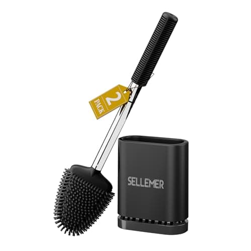 Sellemer Toilet Brush and Holder Set Flexible Toilet Bowl Brush Head with Silicone Bristles Compact Size for Storage and Organization Ventilation Slots Base 2 Pack Black