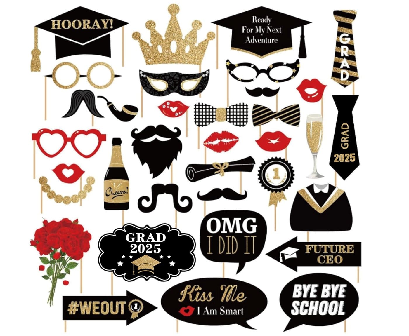 Happy Graduation 2025 Photo Booth Props 35pcs Funny Large Graduation Photo Props Class of 2025 Grad Decor with Sticks for Kids Boy Girl Women Men Graduation Party Favors Supplies Decorations