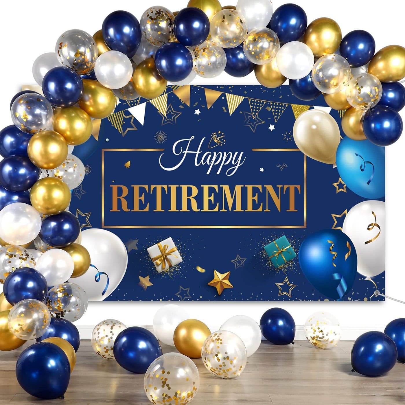 Tatuo Retirement Party Decorations Include Navy Blue Confetti Balloons Set Photography Backdrop Banner for Men Women Retirement Party Supplies DecorNavy Blue and Gold