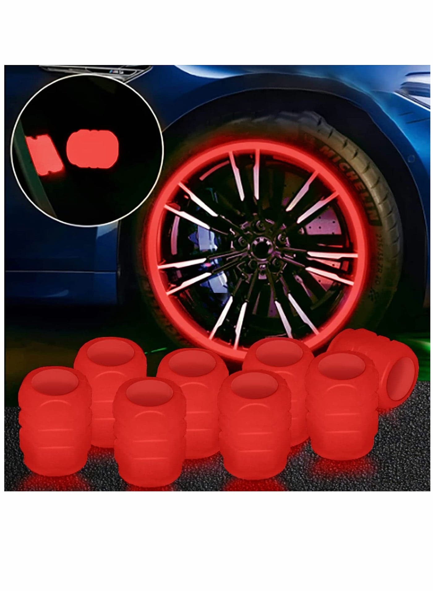 24PCS Car Valve Cap Tire Valve Stem Caps Noctilucous Illuminated Tire Air Caps Cover Auto Wheel Valve Stem Cap, Wheel Accessories, Universal Wheel Valve Caps for Car Truck Motorcycles Bike Tires (Red)