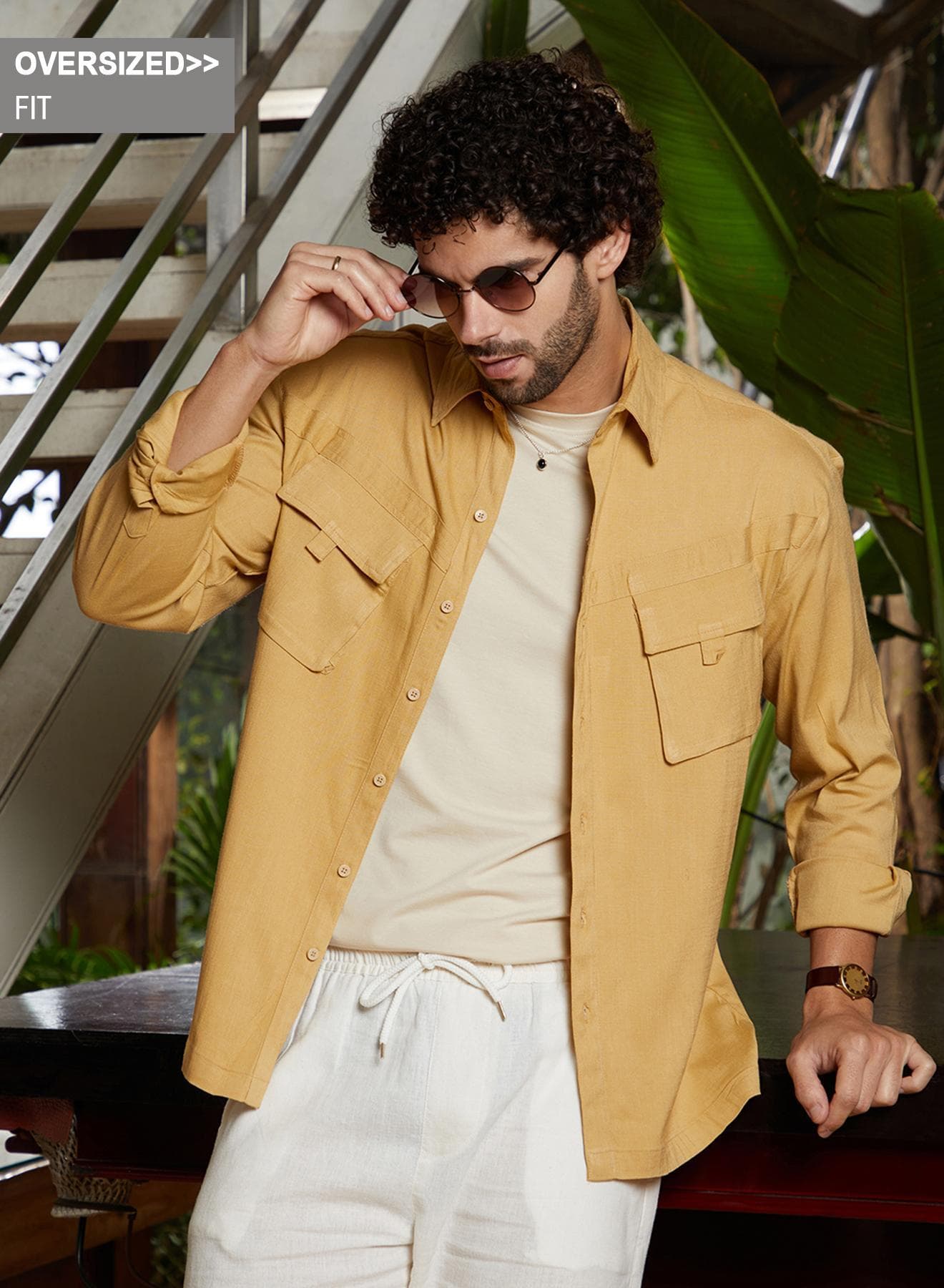 Men's Yellow Ochre Modular-Utility Oversized Shirt