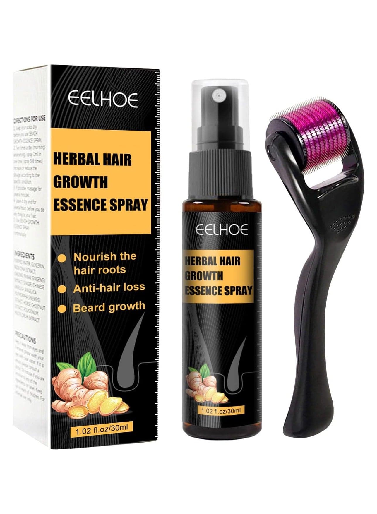 EELHOE 30ml Herbal Hair boost Essence Spray Roller Set Hair Root Nourishing Anti Loss Beard Growth Promoting Ginger Hair Spray